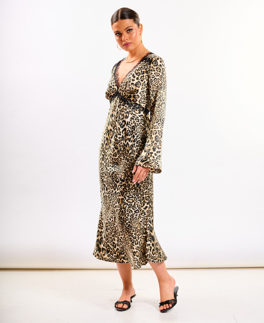 Leopard Long Sleeve Lace Midi Dress