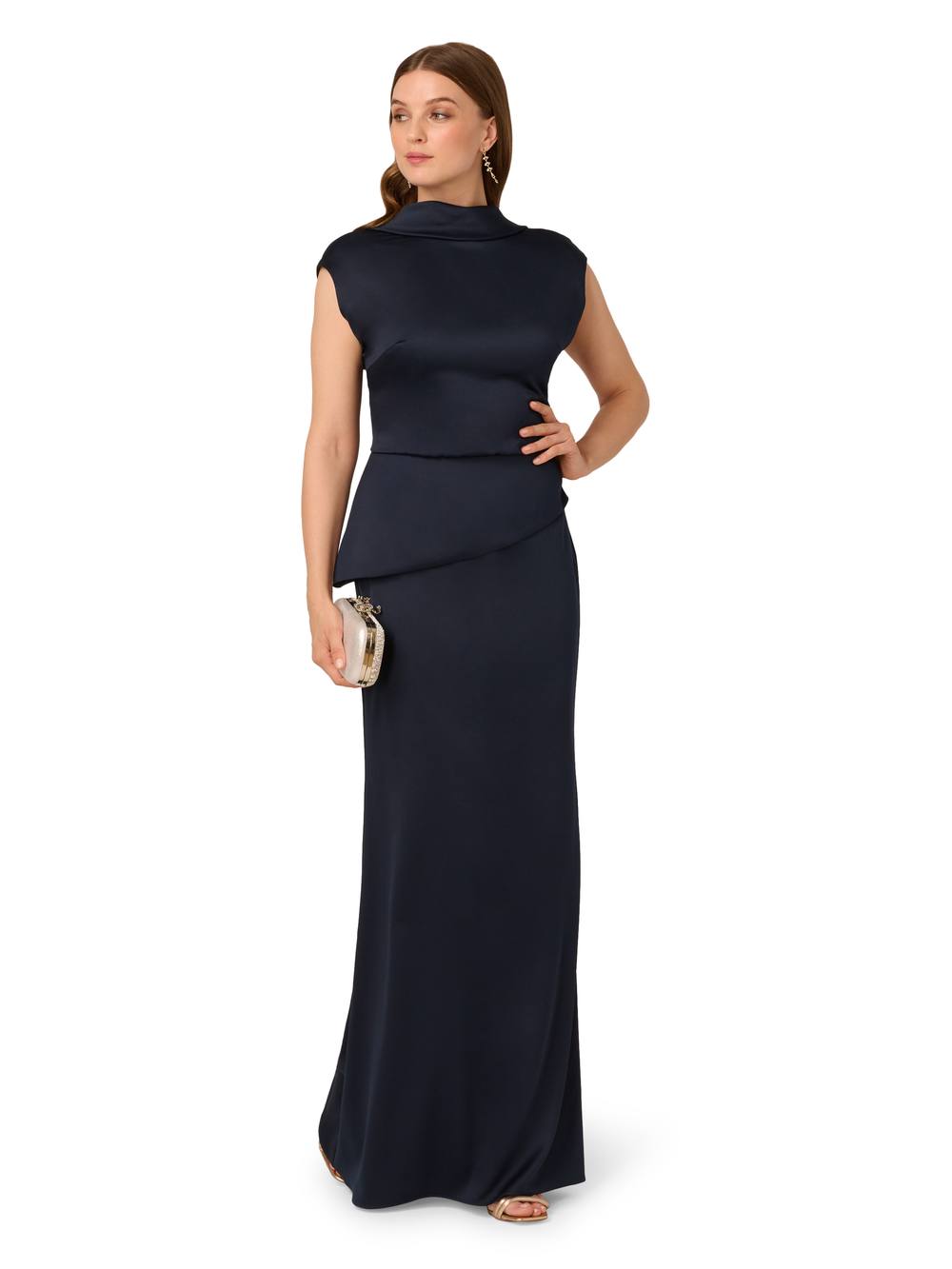 Adrianna Papell Satin Crepe Midi Dress In Navy