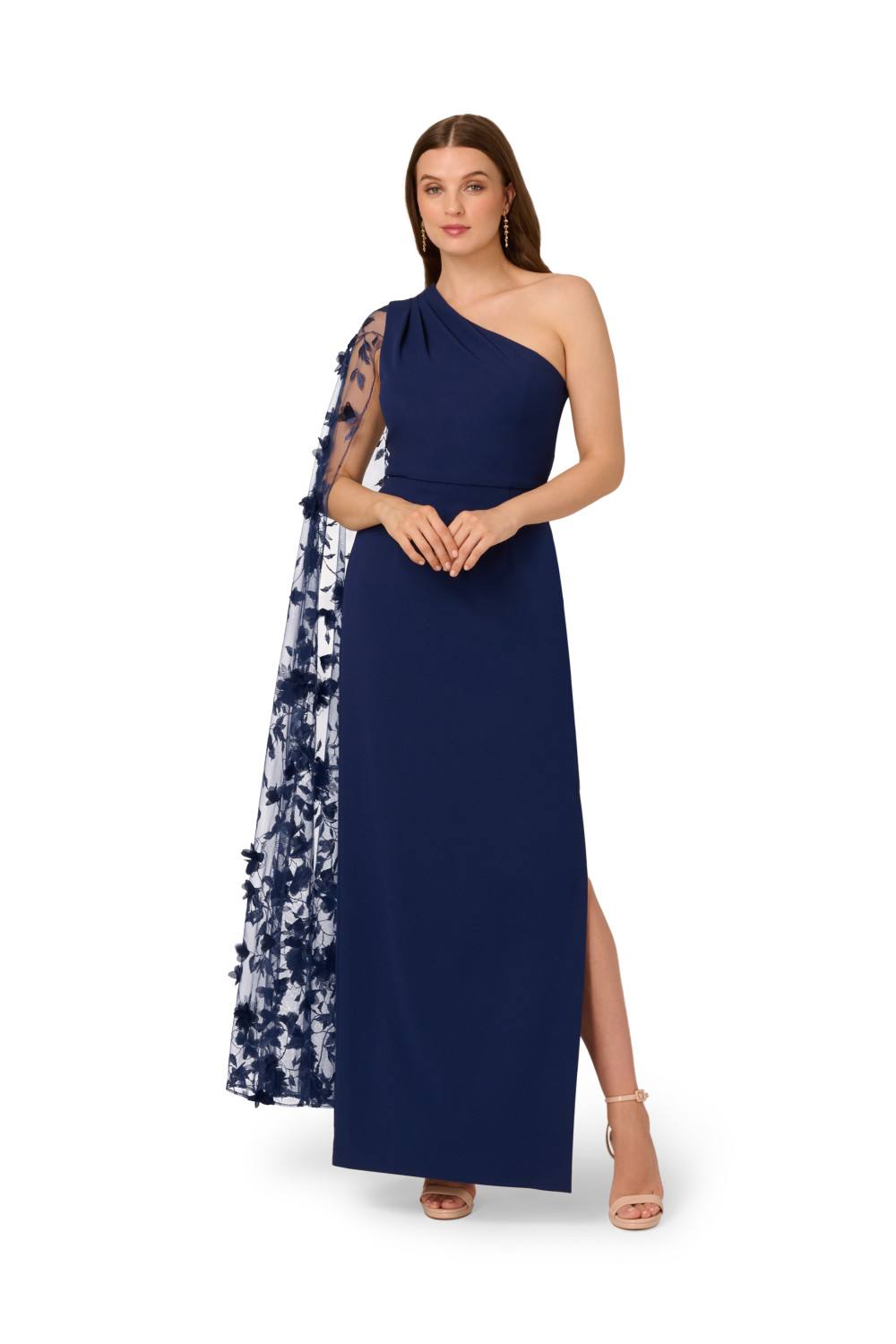 Adrianna Papell Crepe One Shoulder Dress In Navy