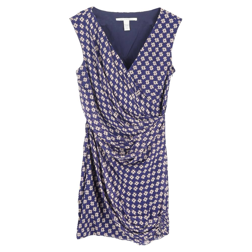 Diane Von Furstenberg Preloved Star Print Ruched Francia Dress In Navy Blue Silk