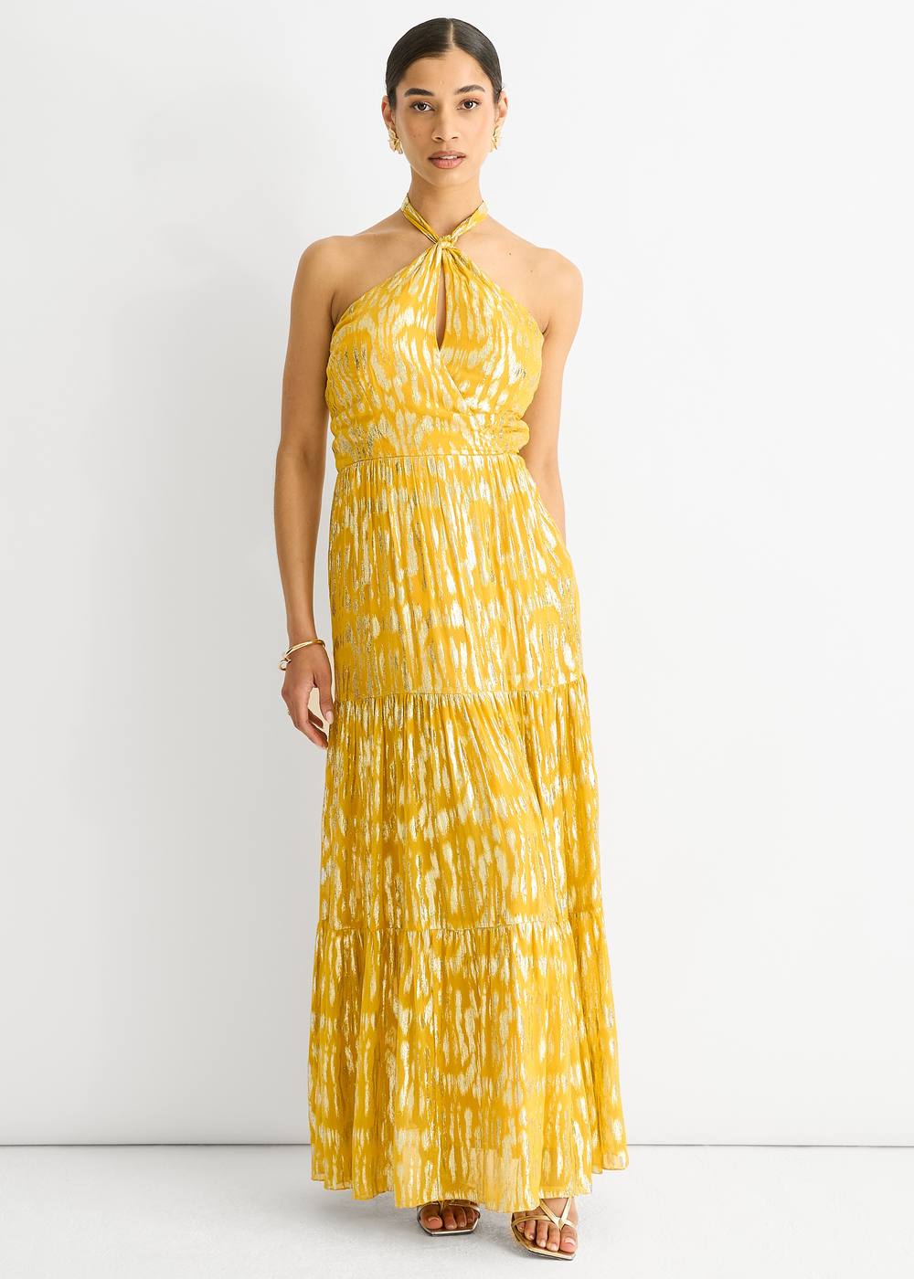 Gini London Animal Jacquard Halter Neck Maxi Dress In Yellow