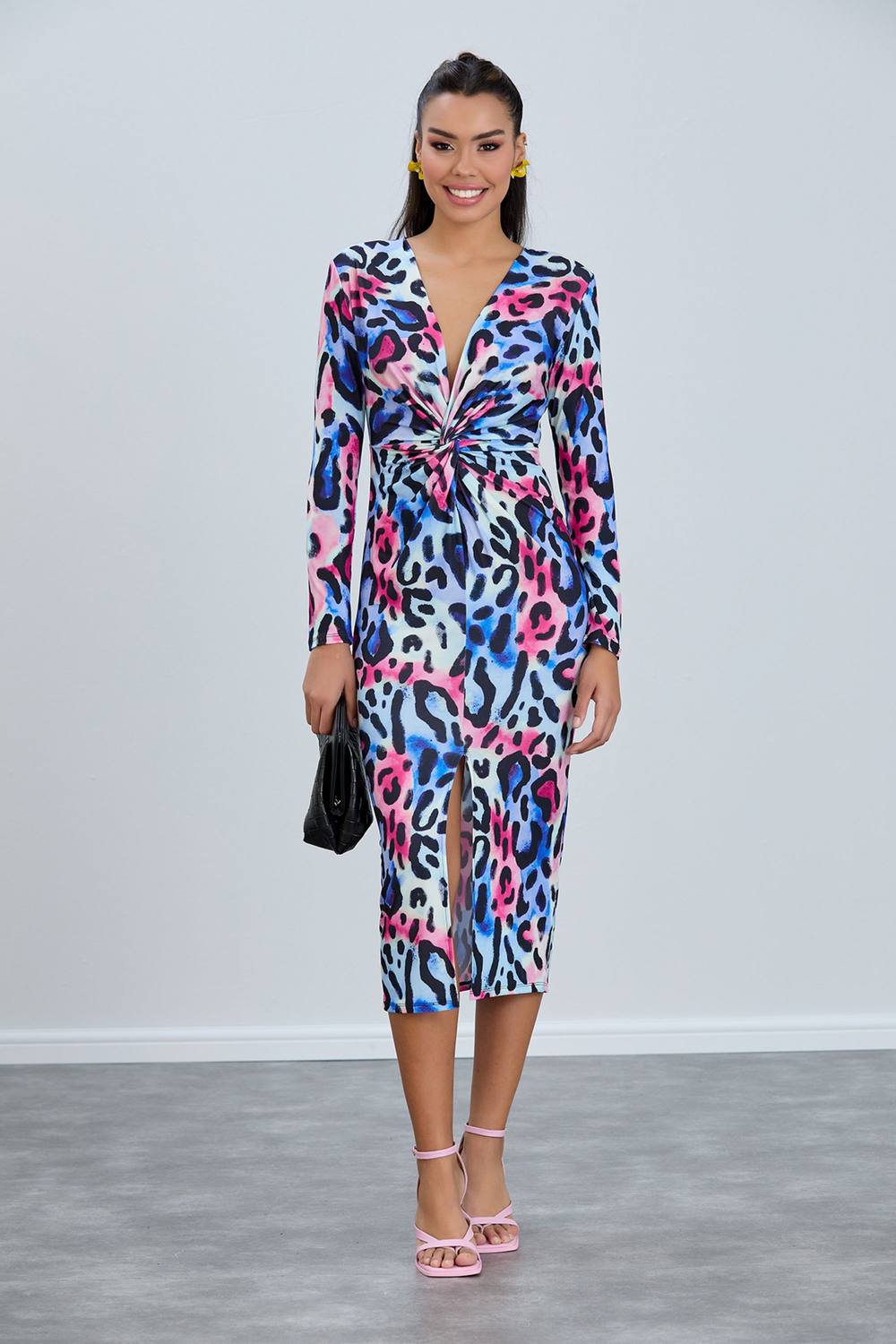Belissh Women's Leopard Print Twist Midi Dress with Long Sleeves