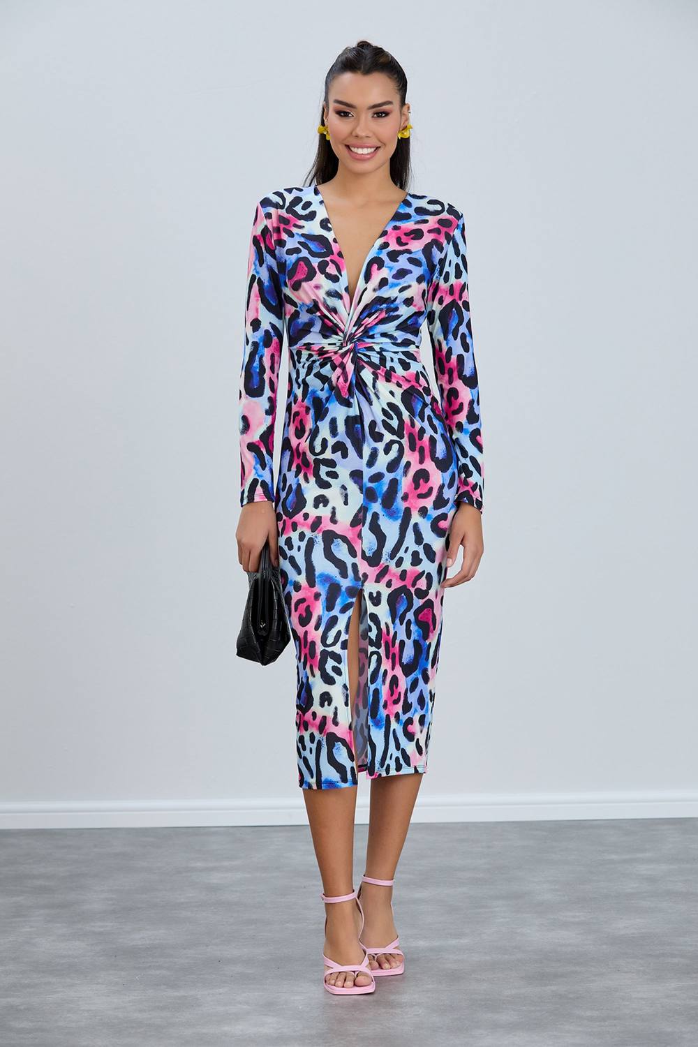Belissh Women's Leopard Print Twist Midi Dress with Long Sleeves in Blue