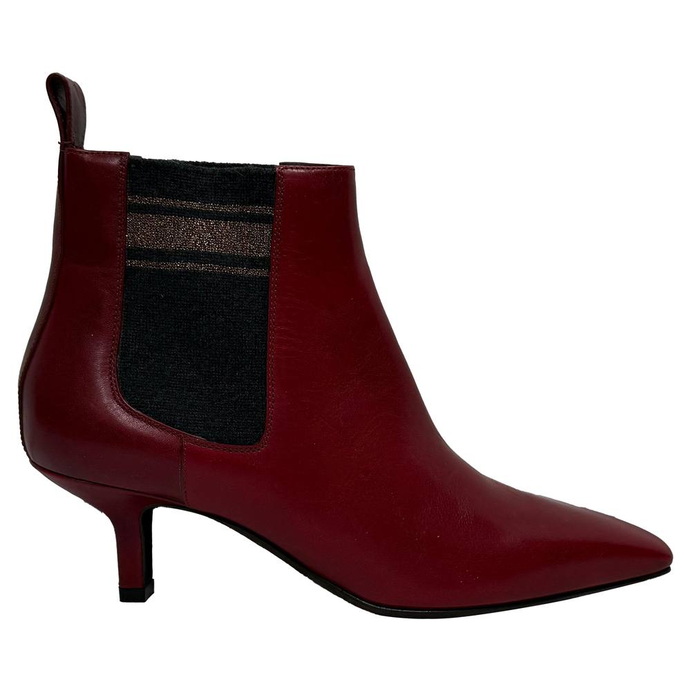 Brunello Cucinelli Women's Preloved Chelsea Kitten-Heeled Ankle Boots Burgundy Leather