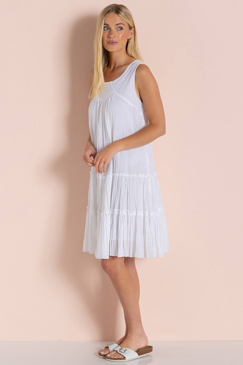 Klass. Embroidered Cotton Tiered Tunic Dress In White
