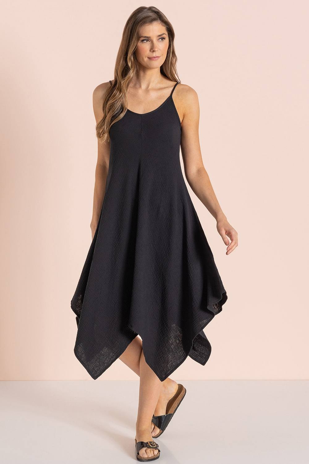 Klass. Dip Hem Cotton Strappy Dress In Black