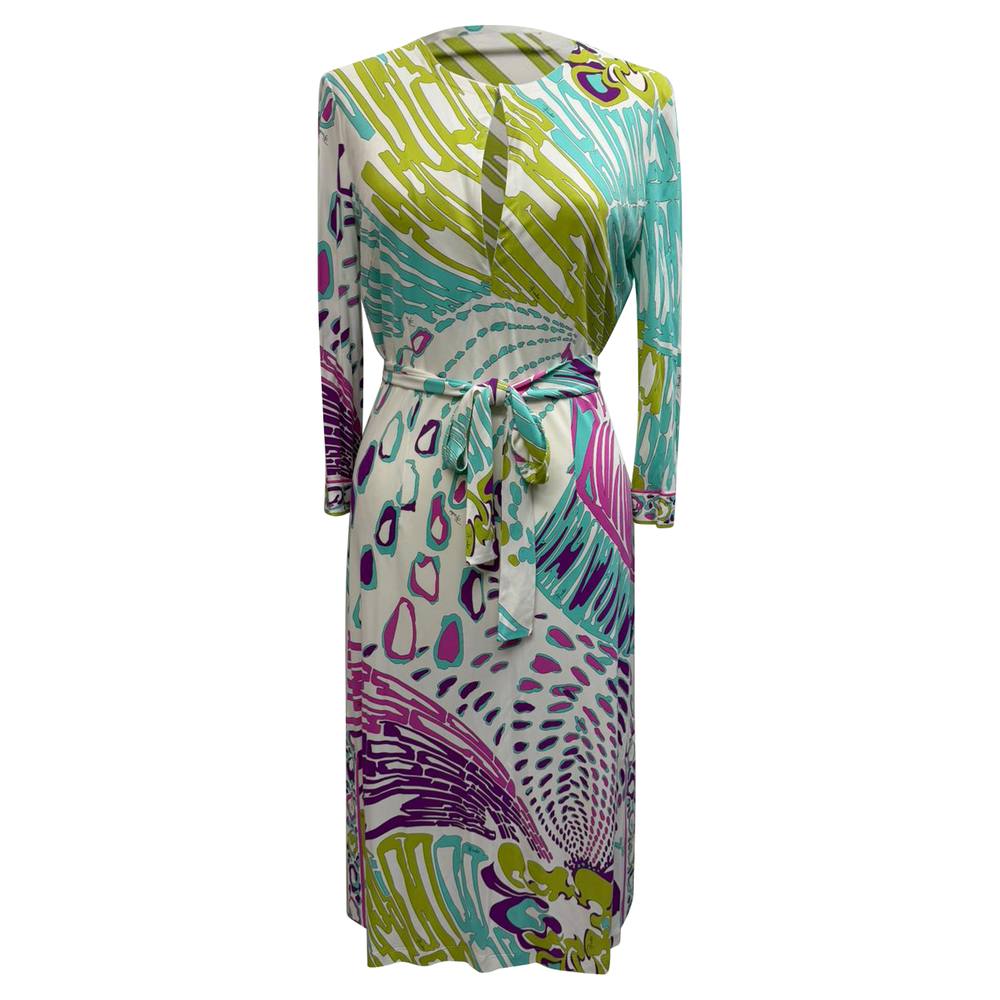 Emilio Pucci Women's Preloved Graphic-Print Tie-Waist Midi Dress in Multicolor Viscose
