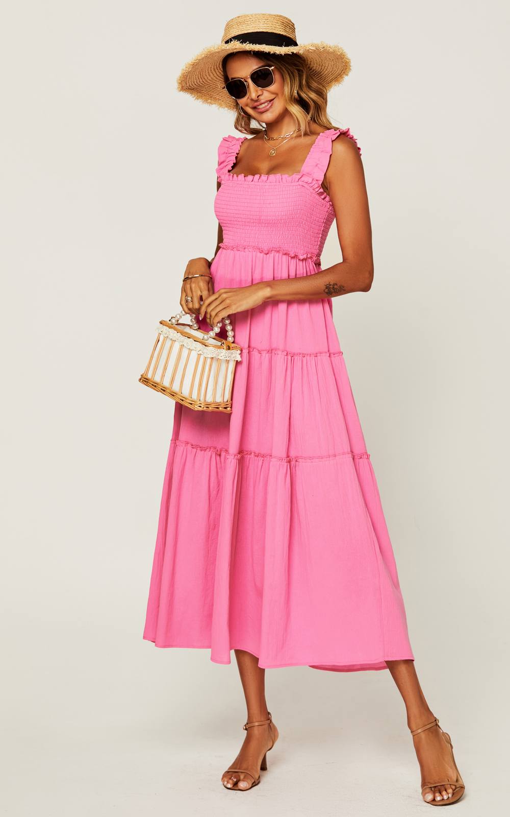 Fs Collection Hem Detail Tiered Maxi Dress In Pink