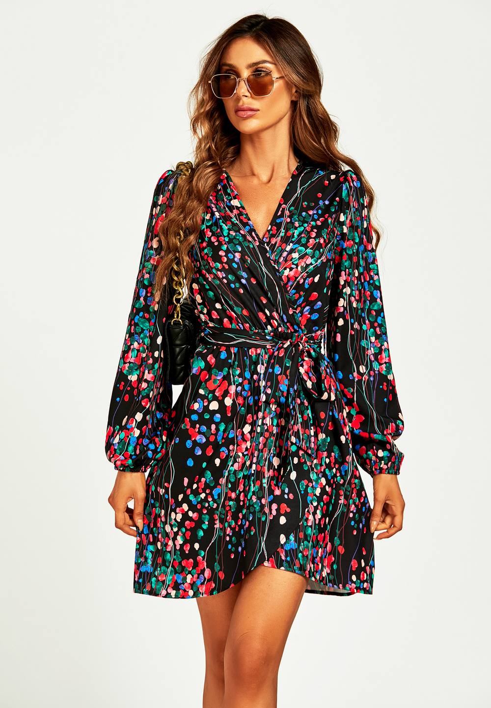 Fs Collection Abstract Floral Print Wrap Mini Dress In Black