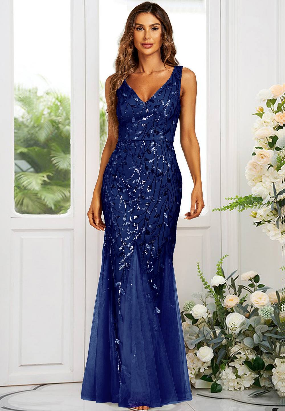 Fs Collection V Neck Sequin Leaf Embroidered Maxi Dress In Navy