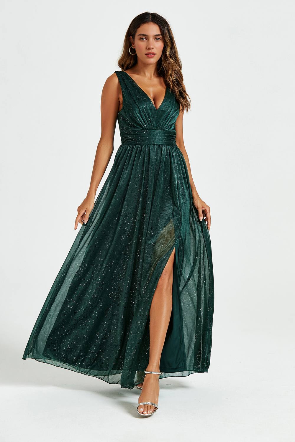 Fs Collection Sparkly V Neck Bridesmaid Maxi Dress In Green