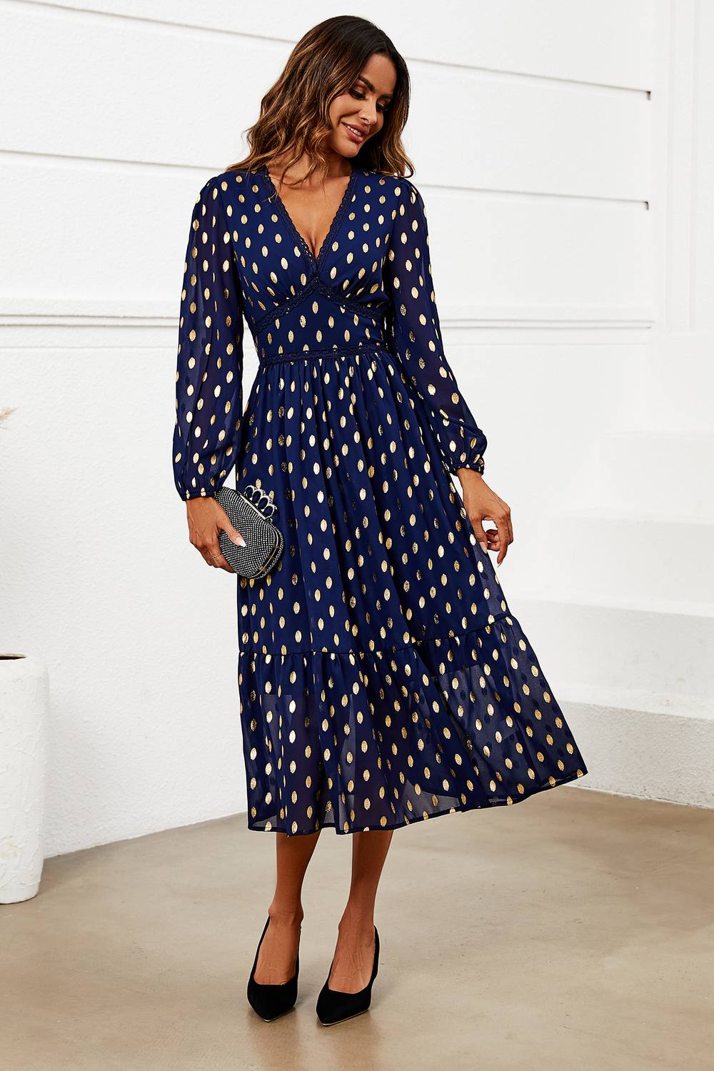Fs Collection Gold Foil Lace Trim Long Sleeve Midi Dress In Navy