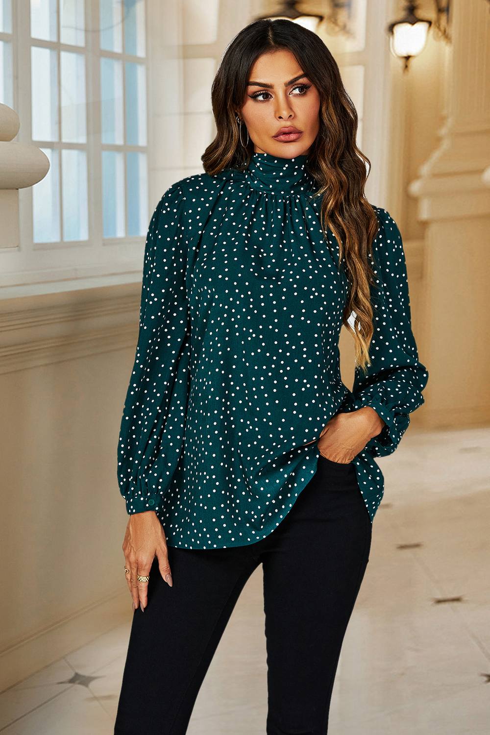 Fs Collection Polka Dot Print Long Sleeve Back Tie Blouse Top In Green