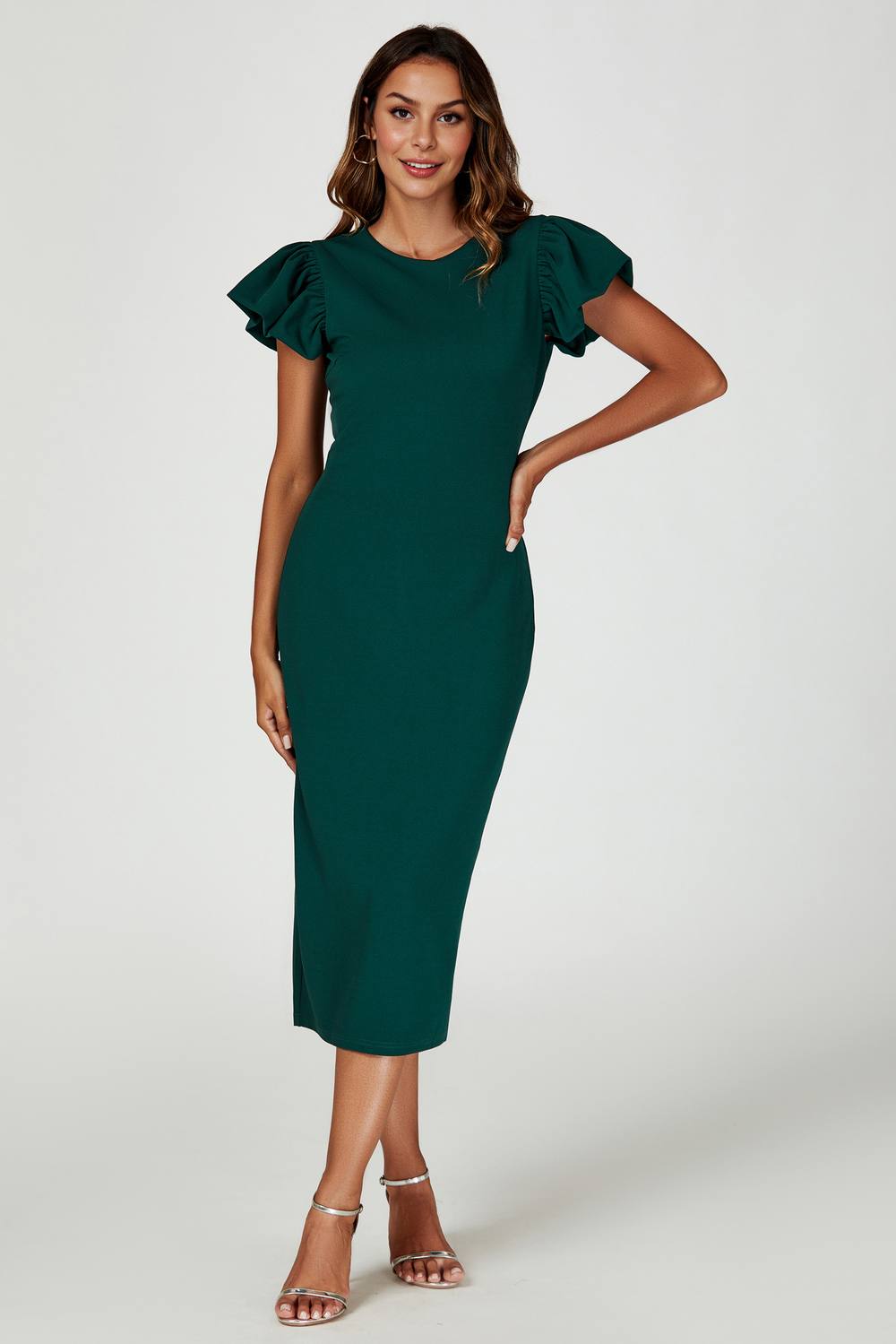 Fs Collection Ruffle Sleeve Bodycon Midi Dress In Green