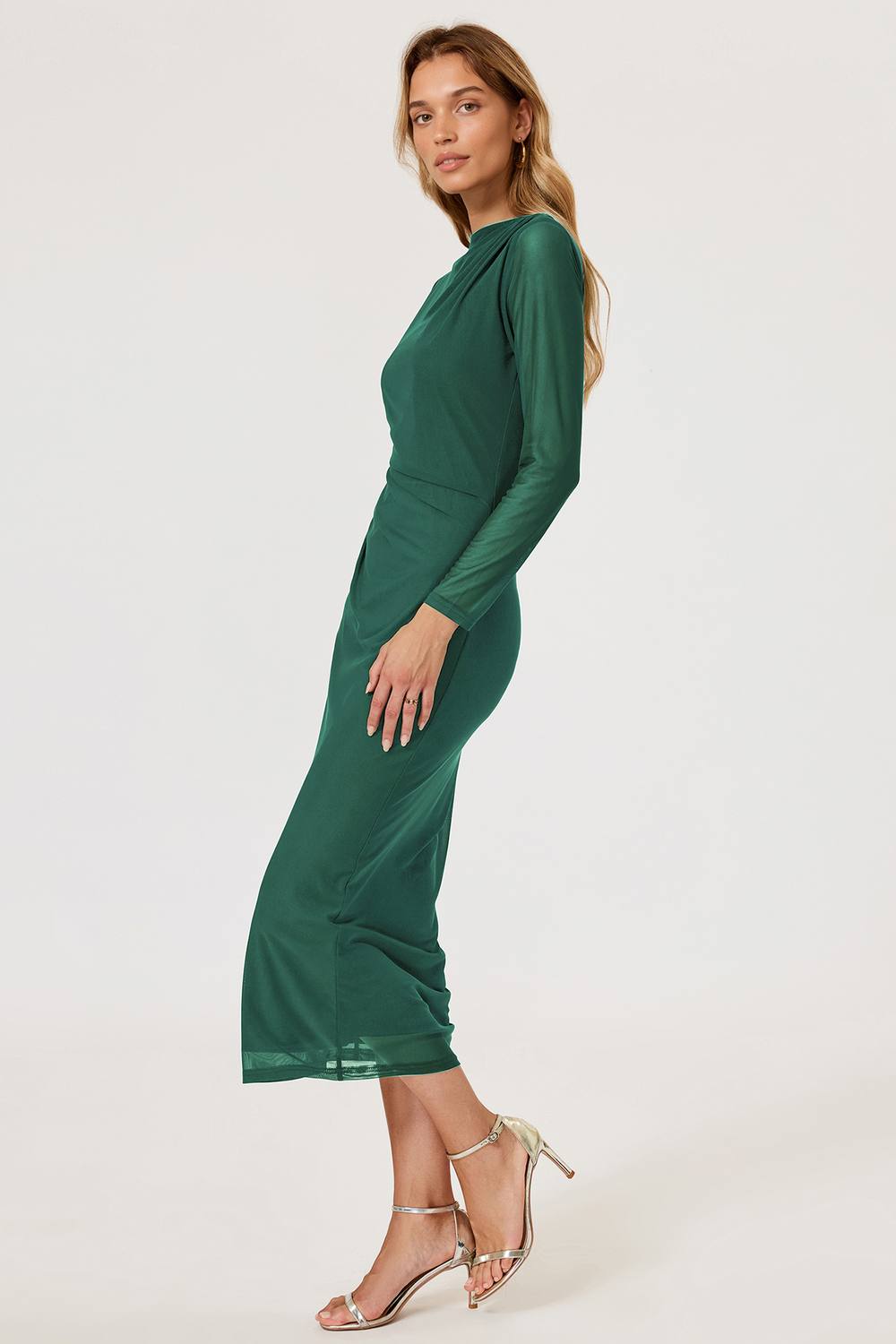 Fs Collection Ruched Mesh Long Sleeve Midi Dress In Green