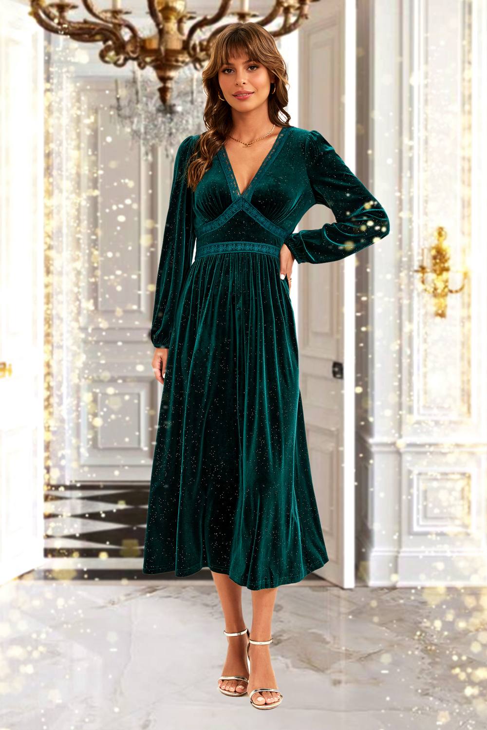 Fs Collection Silver Foil Velvet Lace Trim Neckline Midi Dress In Green