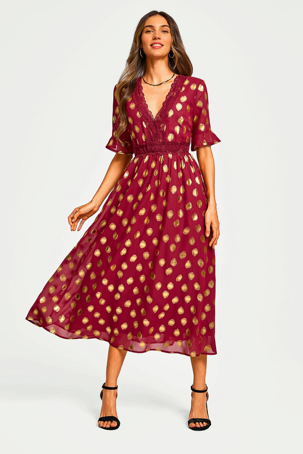 Fs Collection Gold Foil Lace Trim V Neck Midi Dress In Wine