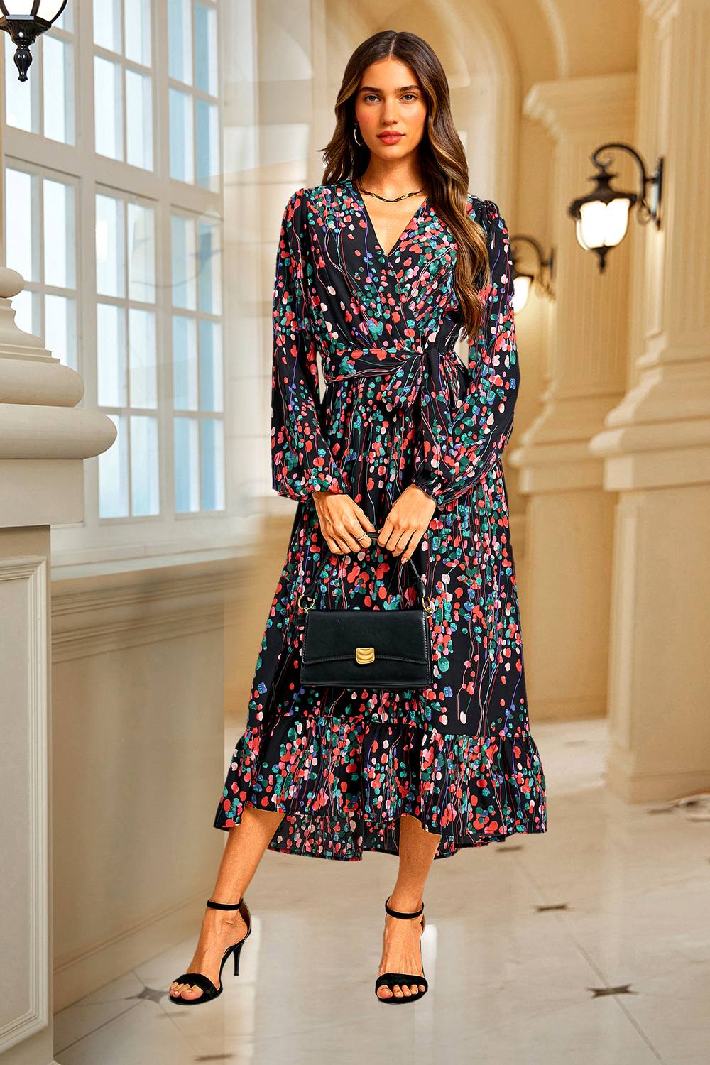 Fs Collection Abstract Floral Print Long Sleeve V Neck Wrap Top Midi Dress In Black