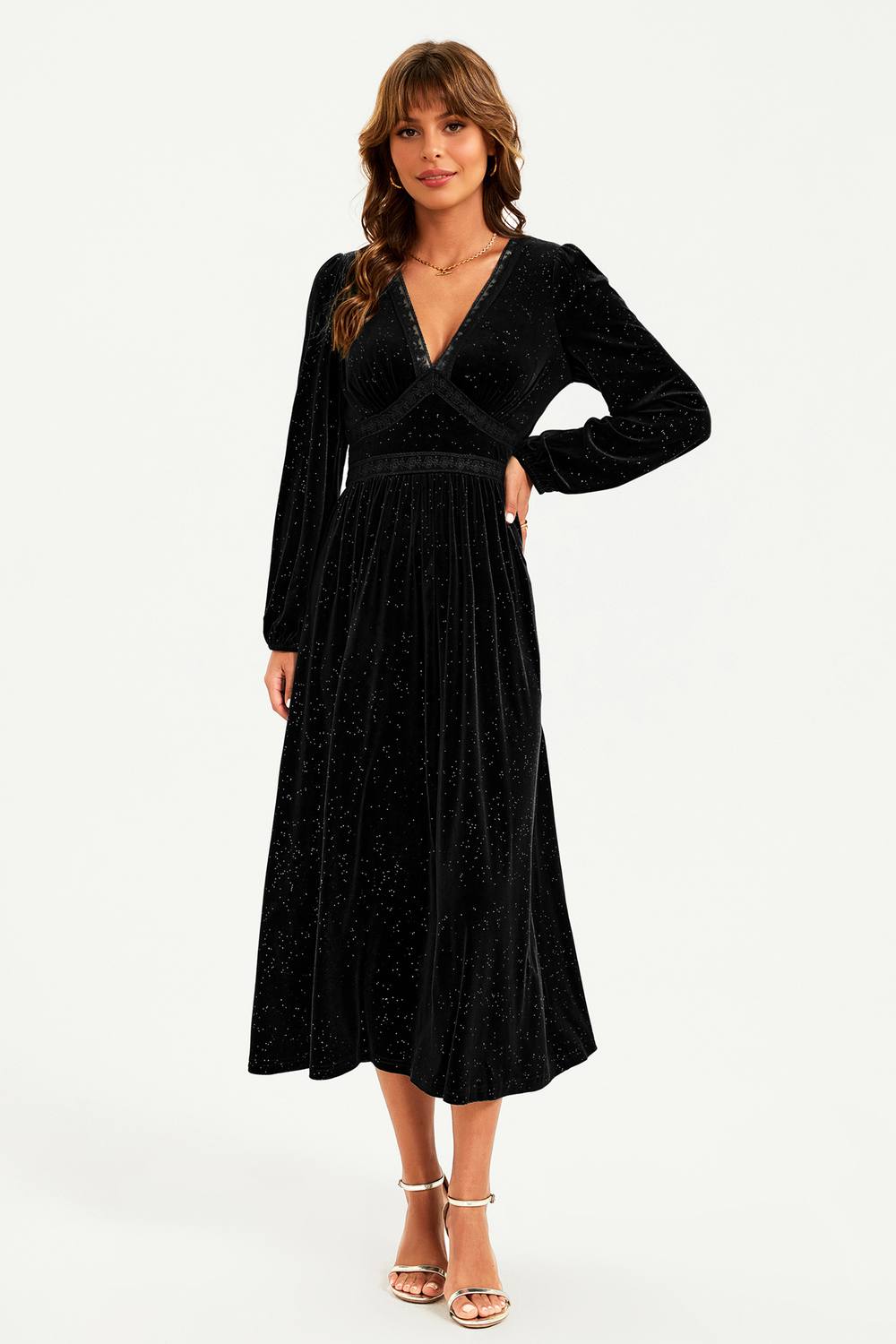 Fs Collection Silver Foil Velvet Lace Trim Neckline Midi Dress In Black