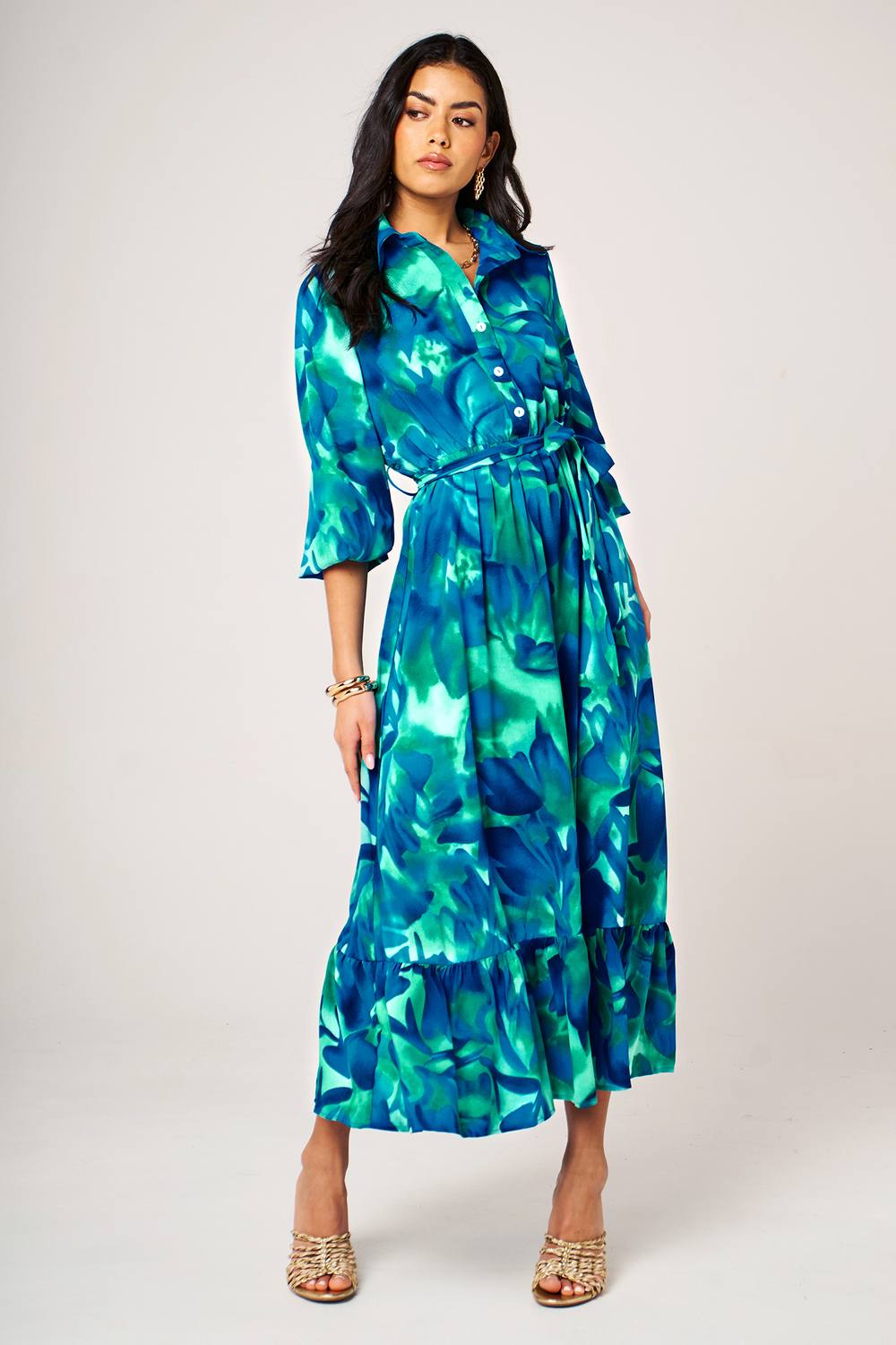 Fs Collection Abstract Floral Print Shirt Midi Dress With Ruffled Hem In Blue