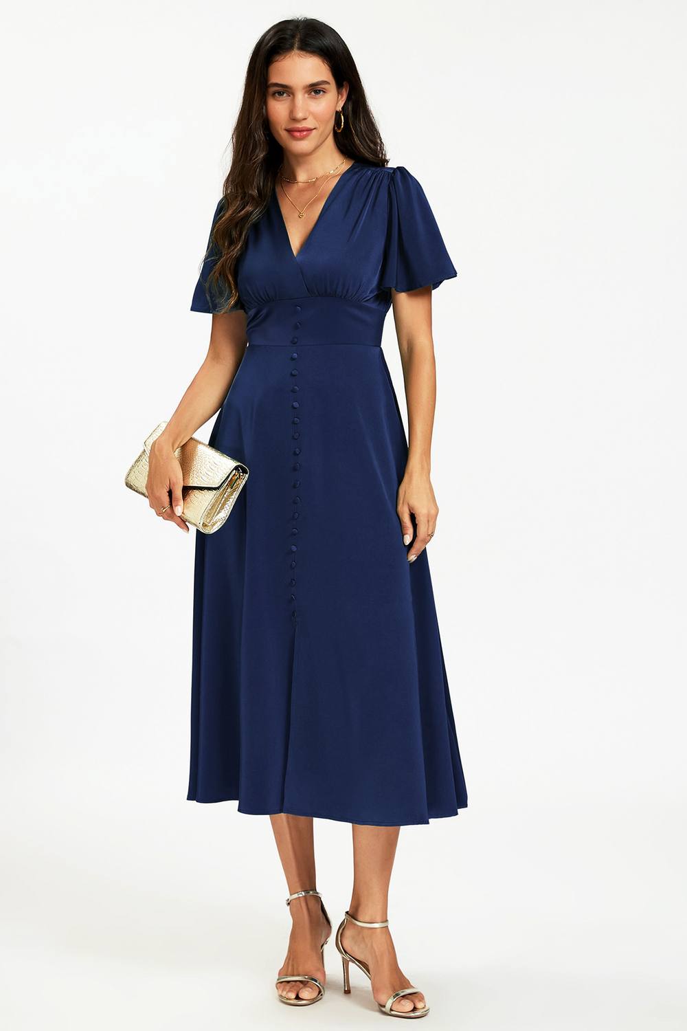 Fs Collection V Neckline Button Detail Satin Midi Dress In Navy