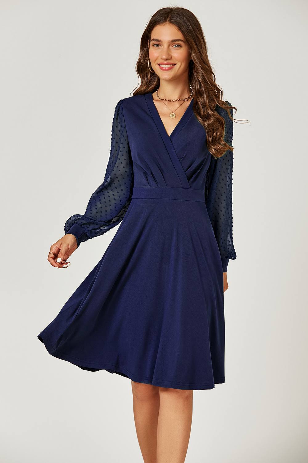 Fs Collection V Neck Midi Dress With Sheer Long Sleeve In Navy
