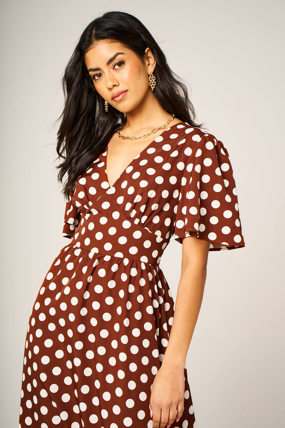 Fs Collection Polka Dot V-Neck Angel Sleeve Midi Dress In Brown