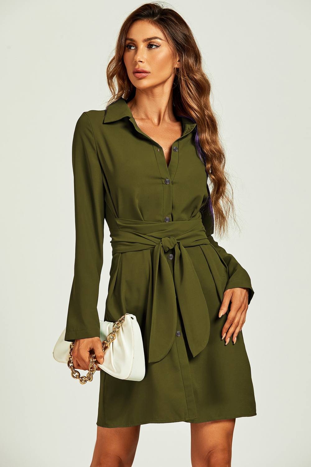 Fs Collection Belted Long Sleeve Mini Shirt Dress In Olive
