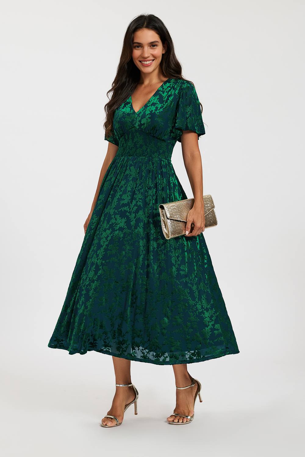 Fs Collection Velvet Burnout V-Neck Angel Sleeve Midi Dress In Green