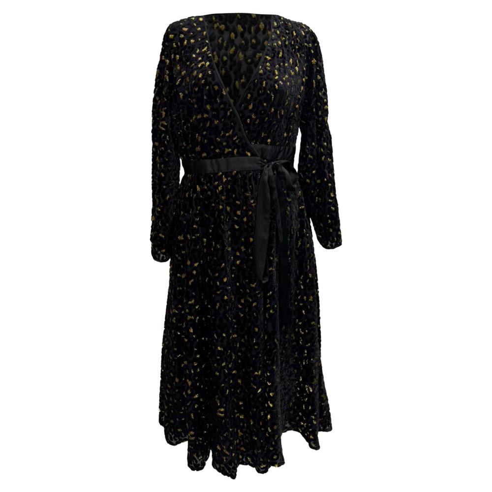Diane Von Furstenberg Women's Preloved Leopard Textured Midi Dress in Black Viscose