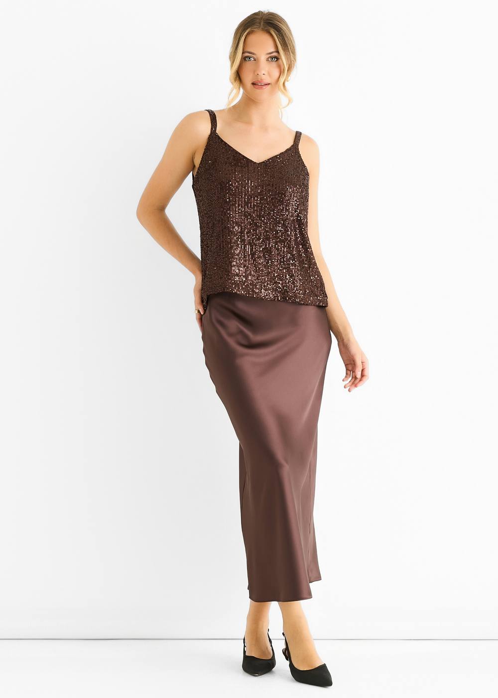 Gini London Chocolate Sequin V Neck Cami Top