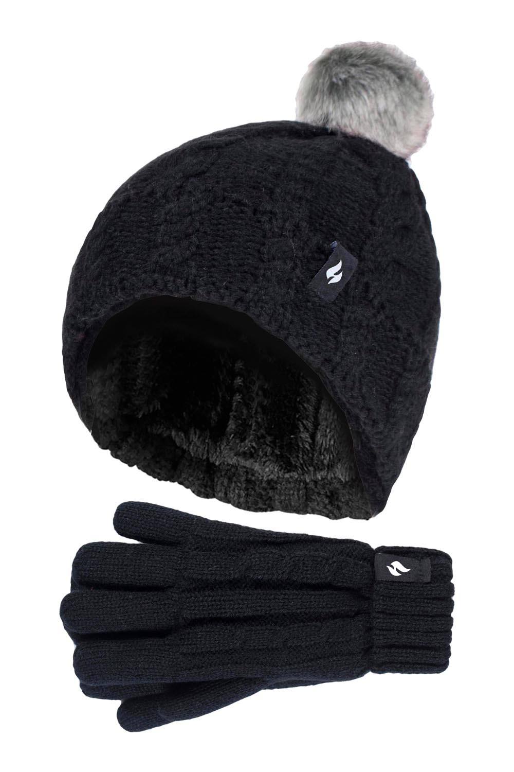 Heat Holders Cable Knit Bobble Pom Pom Thermal Hat & Gloves Set In Black