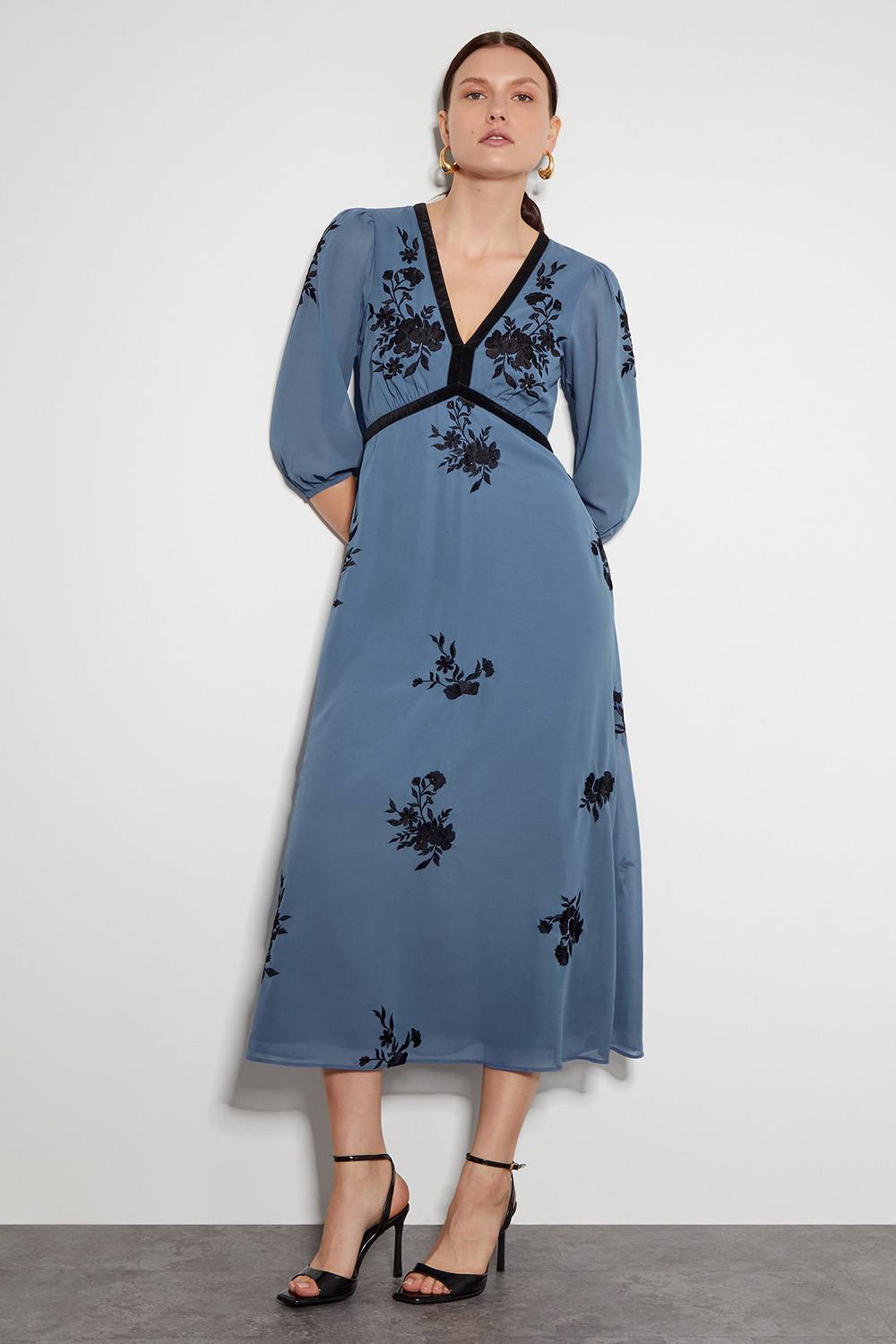 Monsoon Tessa V-Neck Floral Midi Dress In Blue