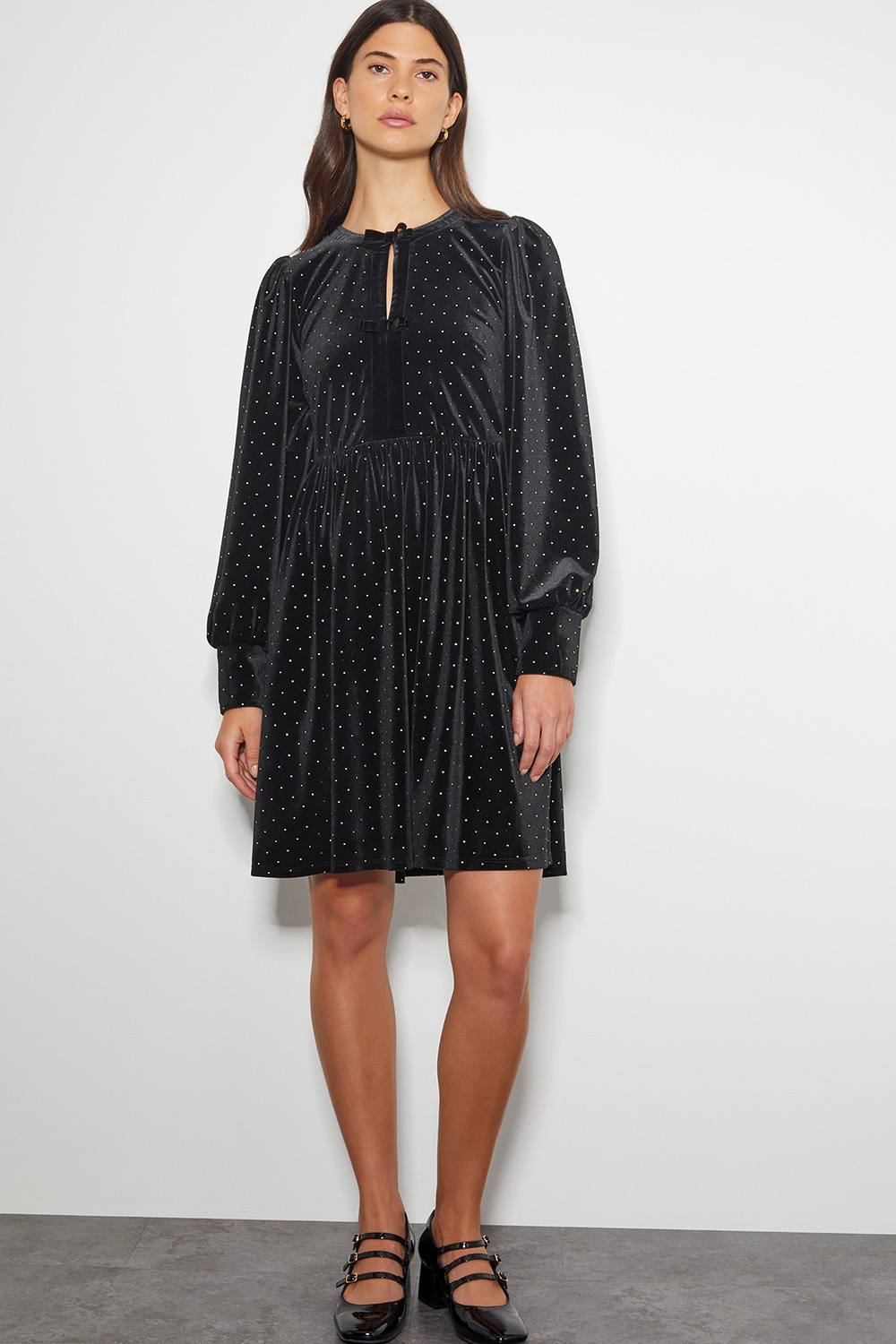 Monsoon Nora Long Sleeve Velvet Mini Dress Black
