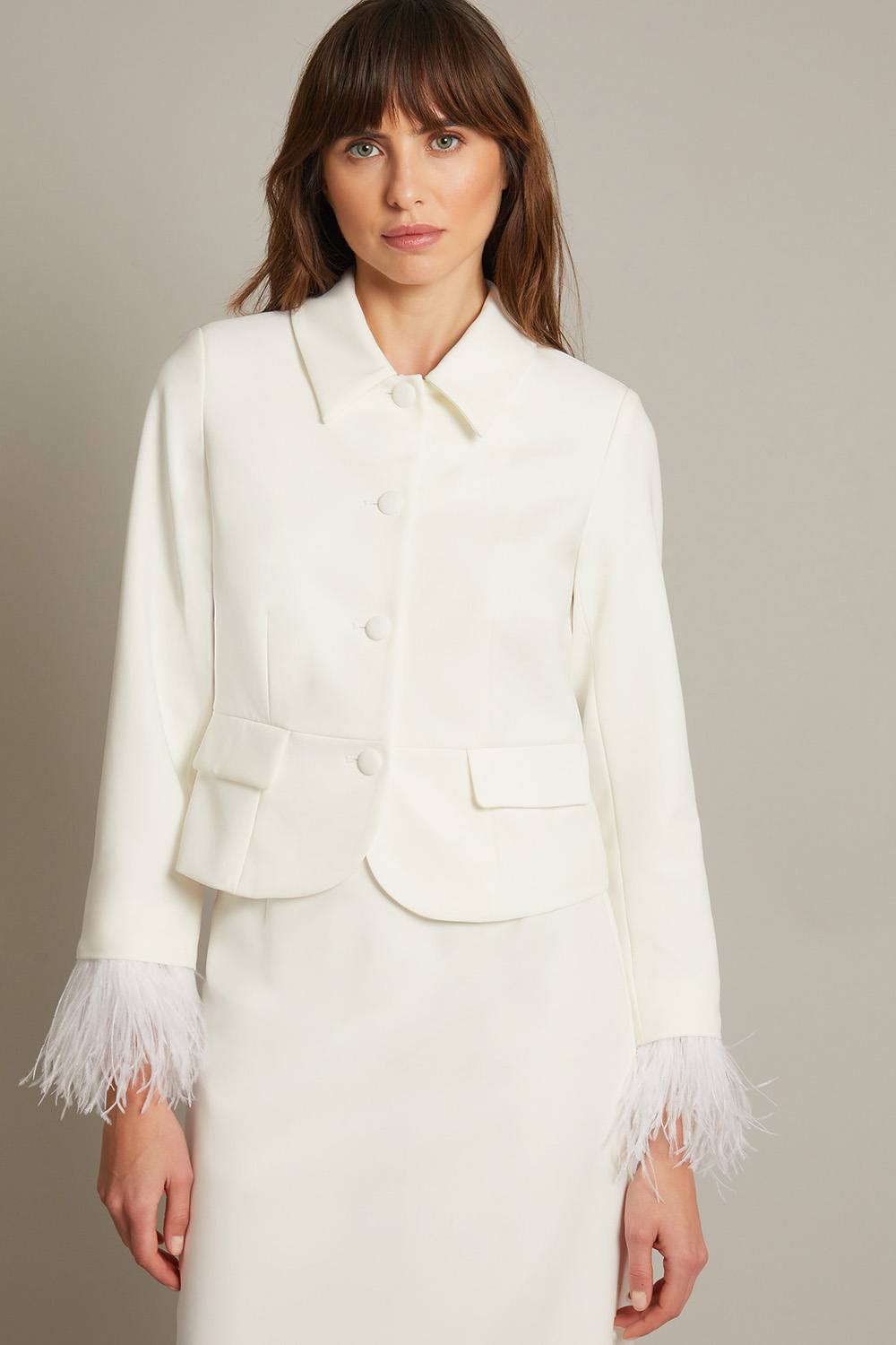 Monsoon Luisa Feather Cuff Wedding Jacket Ivory