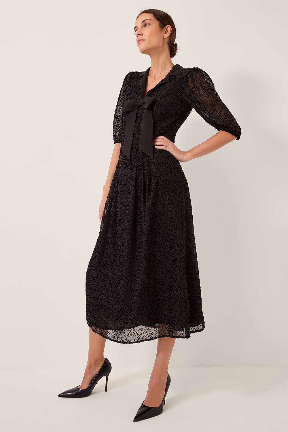 Monsoon Mae Polka Dot Devor� Midi Dress Black