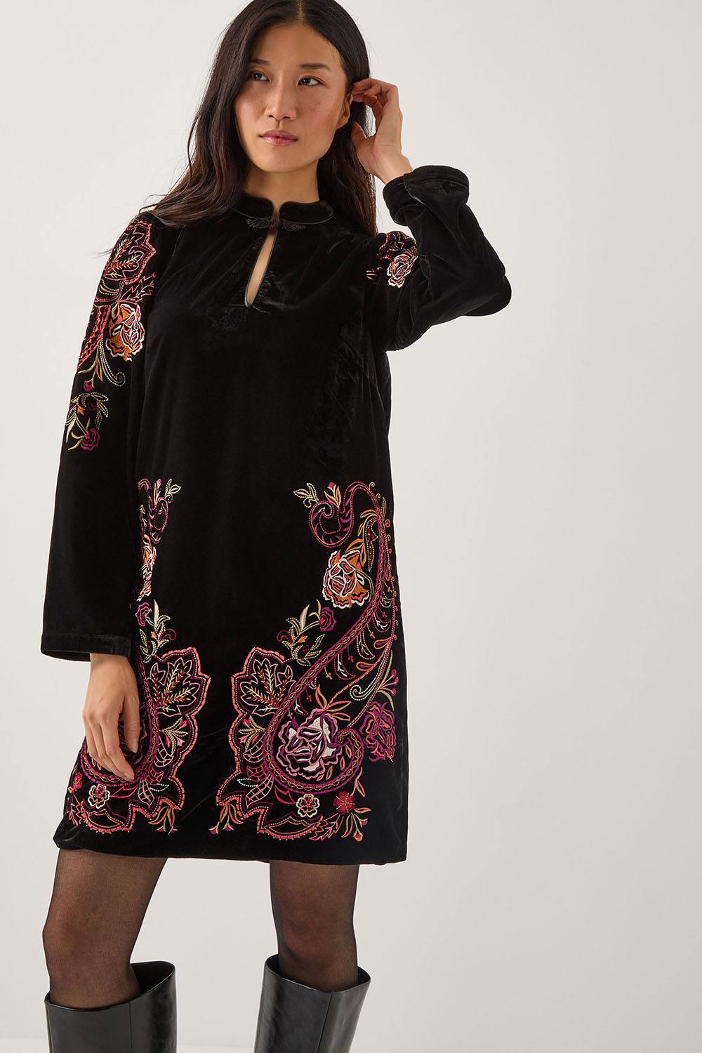 Monsoon Faye Floral Velvet Mini Tunic Dress Black