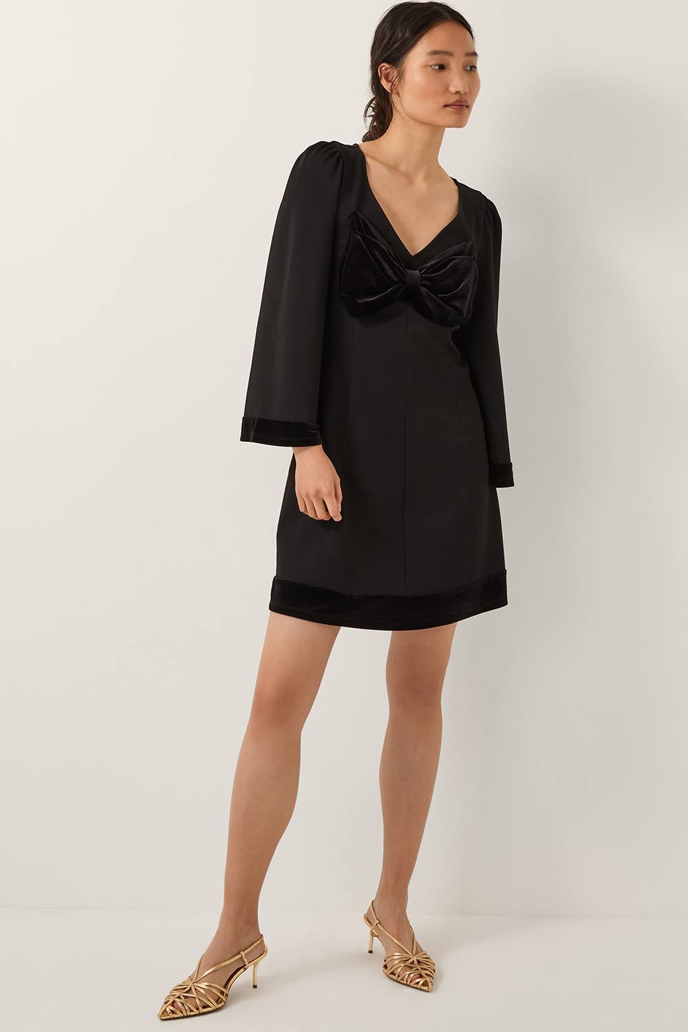 Monsoon Blair Velvet Bow Long Sleeve Mini Dress Black