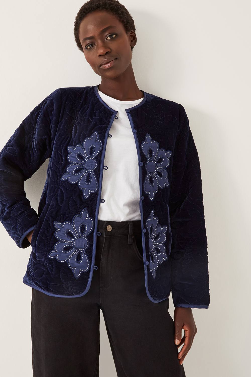 Monsoon Delilah Embroidered Velvet Quilted Jacket Blue