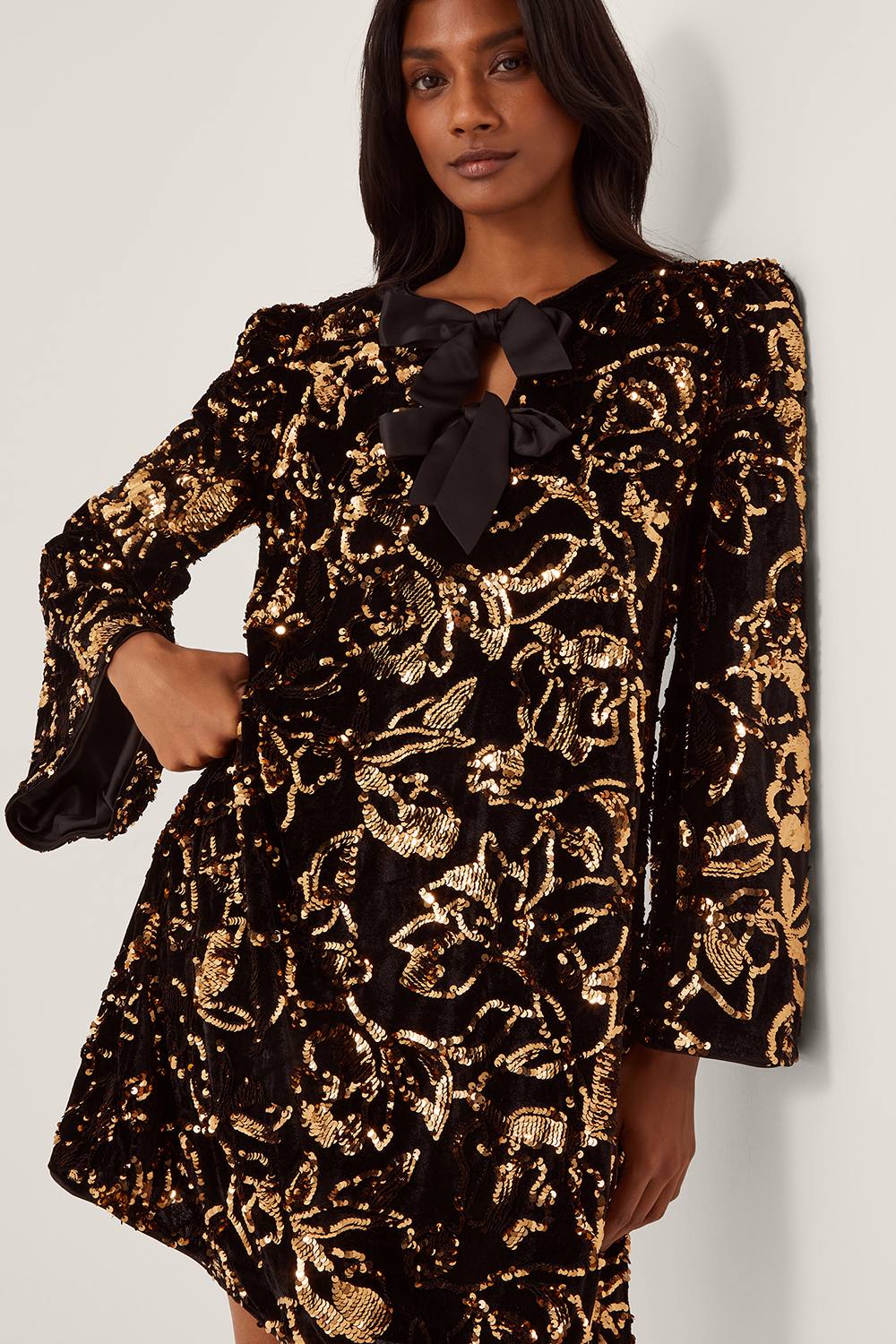 Monsoon Shola Bow Sequin Mini Tunic Dress Black