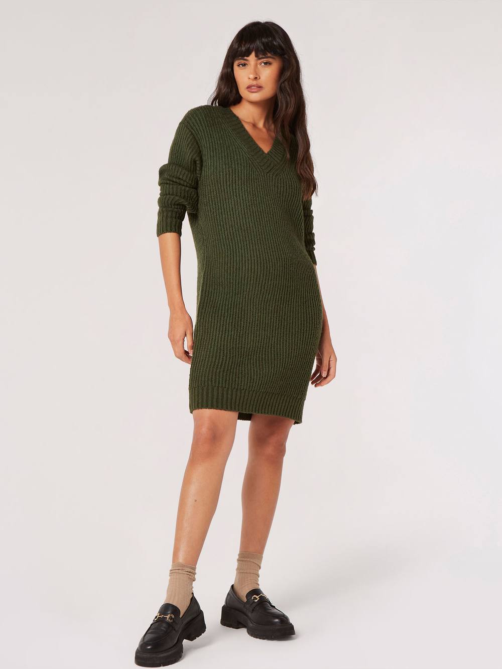 Apricot Ribbed Knit Jumper Mini Dress In Green