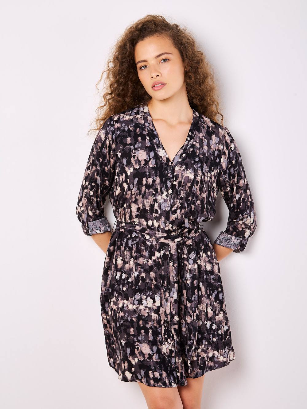 Apricot Abstract Brushstroke Shirt Mini Dress In Grey