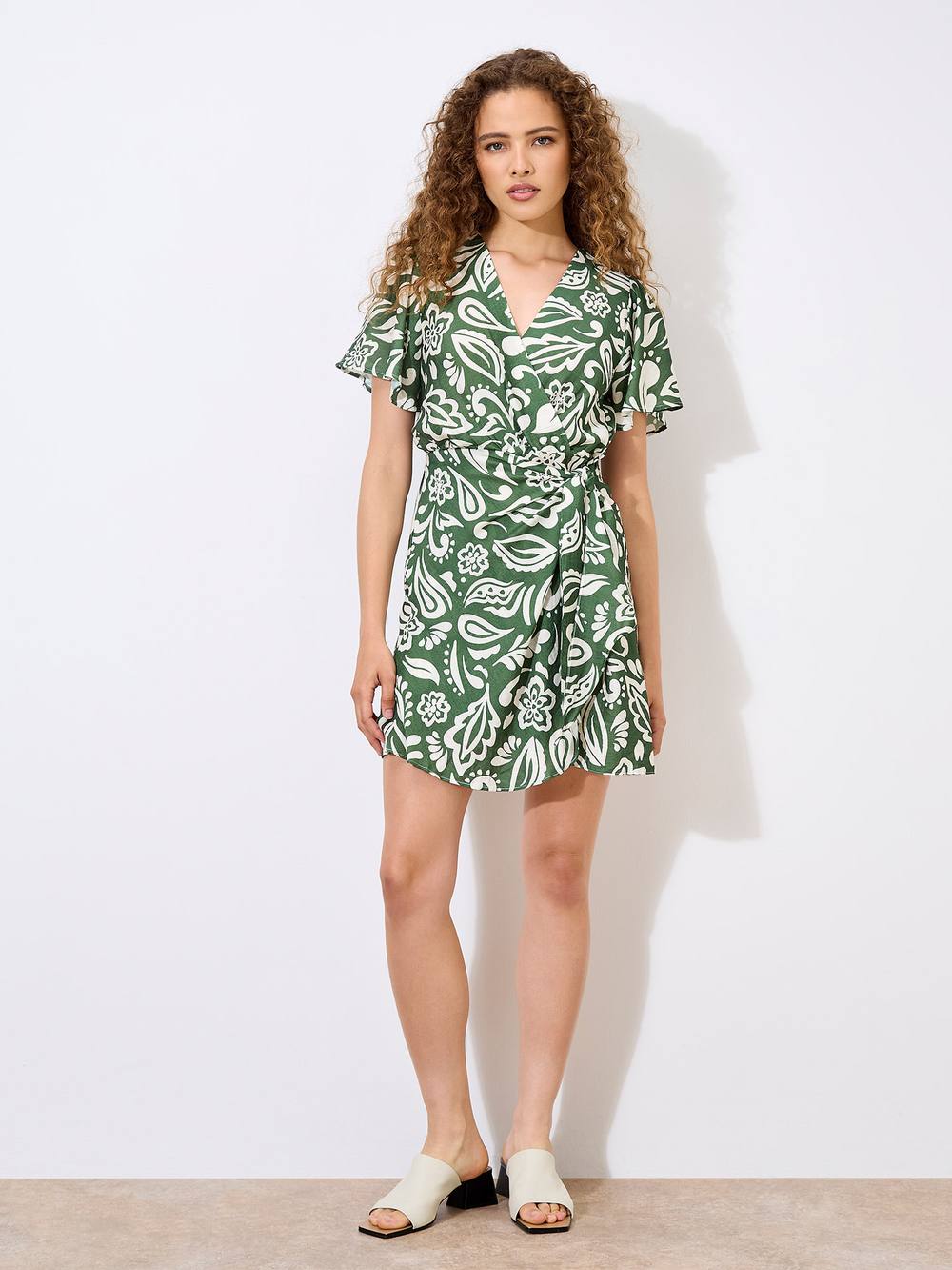 Apricot Floral Paisley Wrap Mini Dress In Green