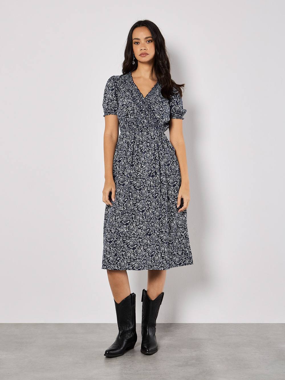 Apricot Floral Fruit Wrap Midi Dress In Navy