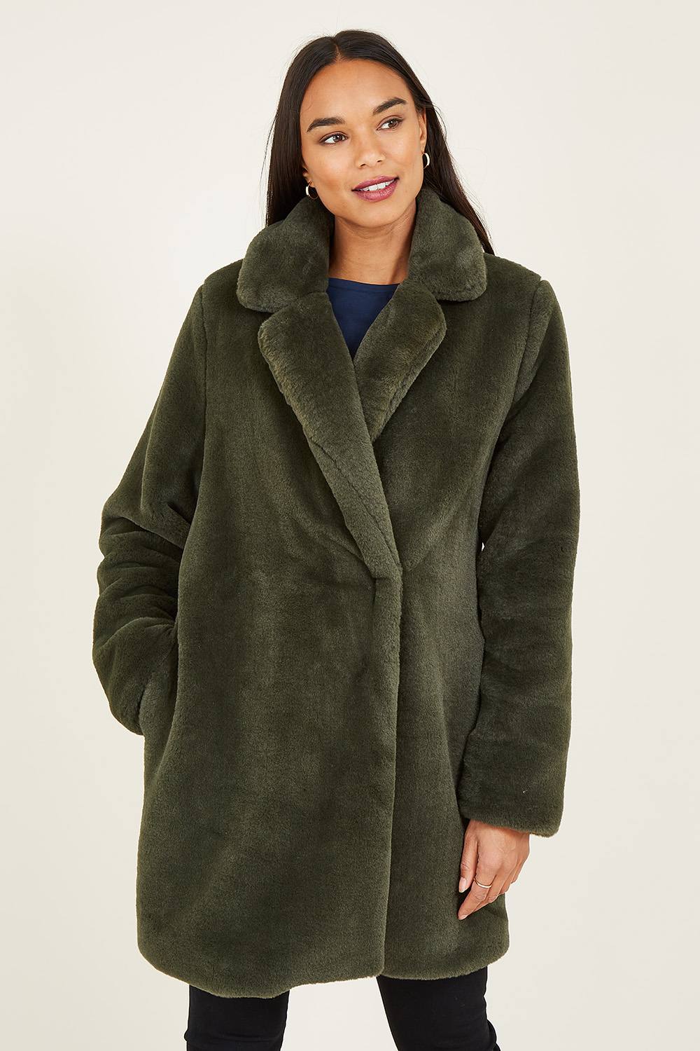 Yumi Green Faux Fur Coat In Khaki