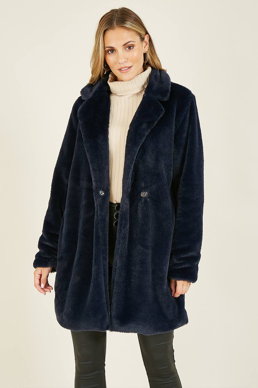 Yumi Navy Faux Fur Coat