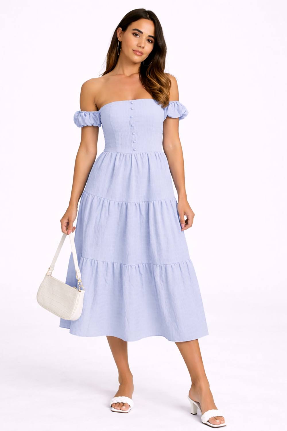 Cutie London Off Shoulder Shirred Tiered Maxi Dress In Blue