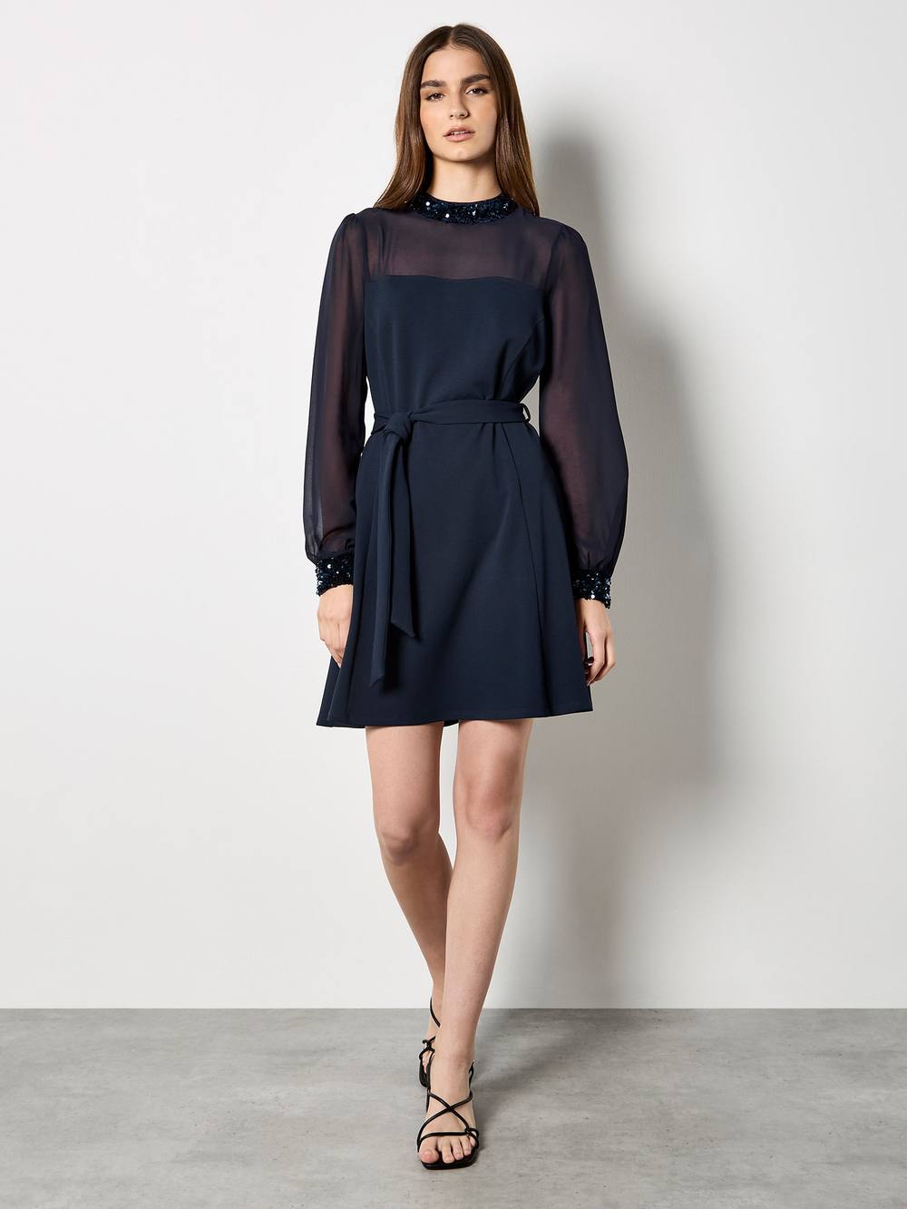 Apricot Sequin Trim Belted Mini Dress In Navy