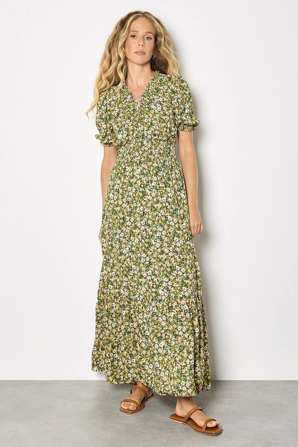 Apricot Ditsy Floral Tiered Maxi Dress In Green