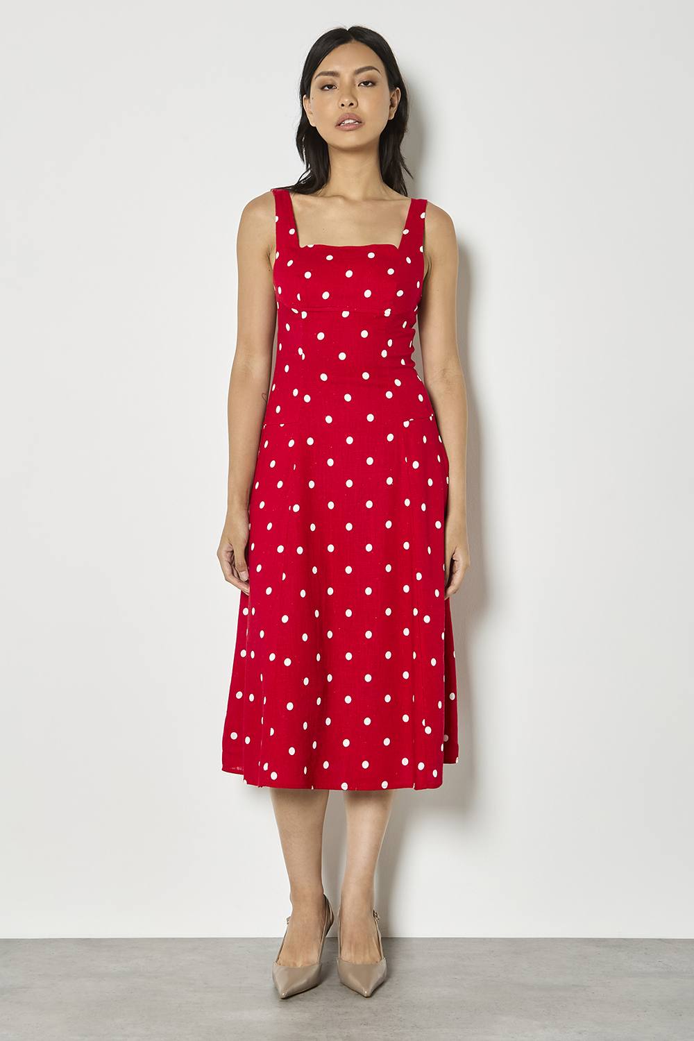 Apricot Linen Blend Polka Dot Midi Dress In Red